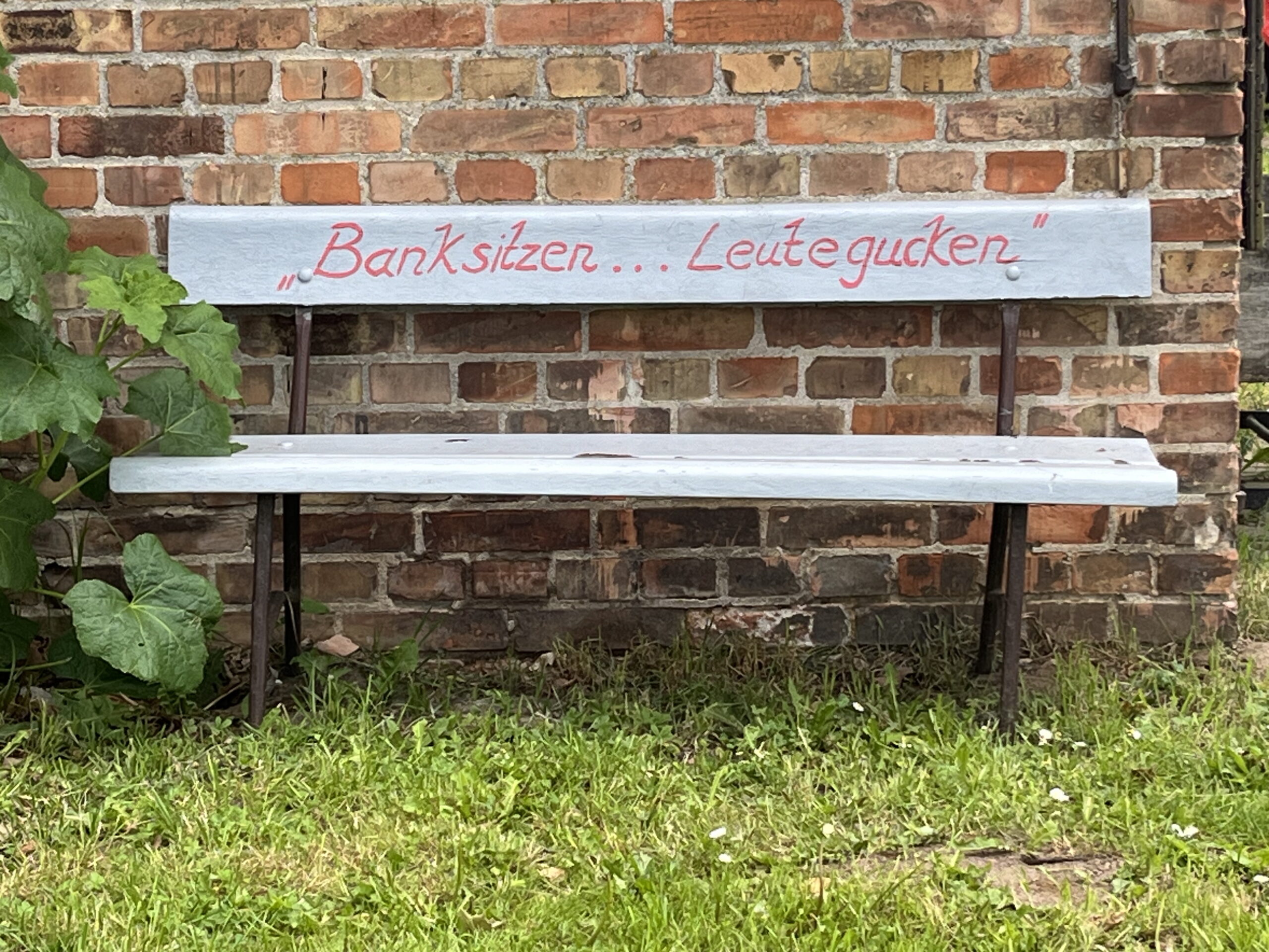 weiß gestrichene Bank mit der Aufschrift "Bank sitzen Leute gucken" vor Backsteinmauer © K. Schwahlen 2024